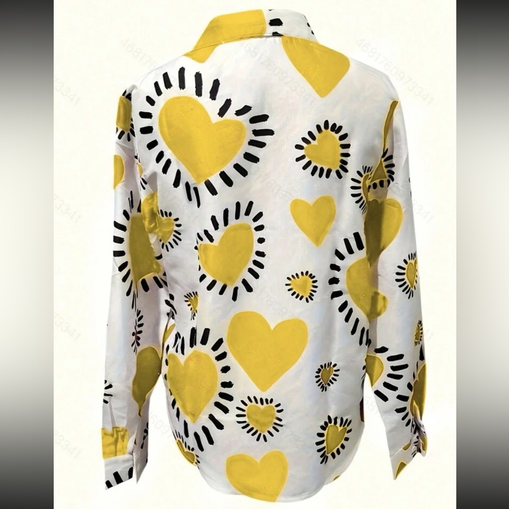 Boho Heart Print Button Down Up Shirt Top Blouse - Picture 2 of 11